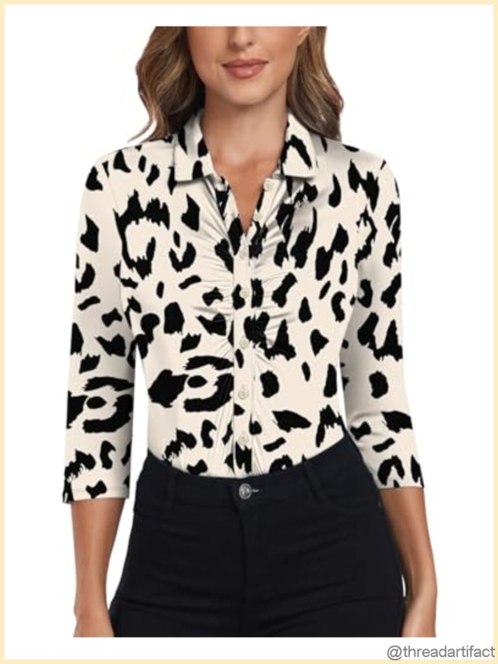 Women's 3/4 Sleeve Golf Polo Shirt Ruched Front Button Down Tunic Top